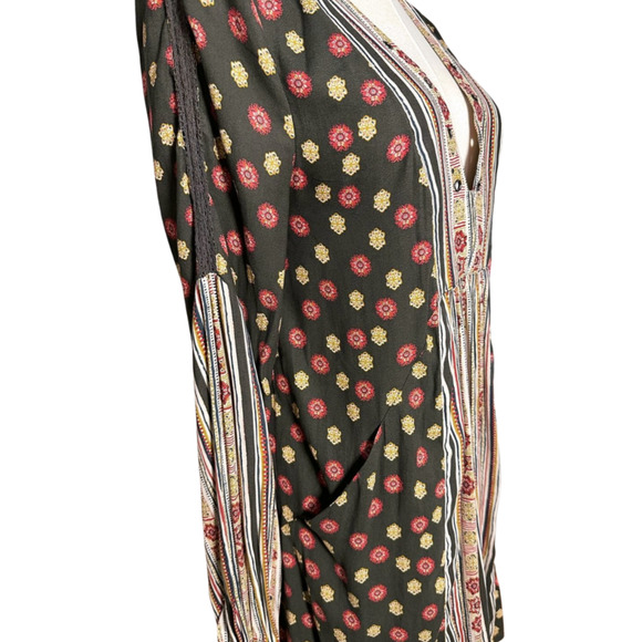 Free People Olive Green White Deep V Neck Lace Up Tunic Mini Dress Small - Picture 5 of 12